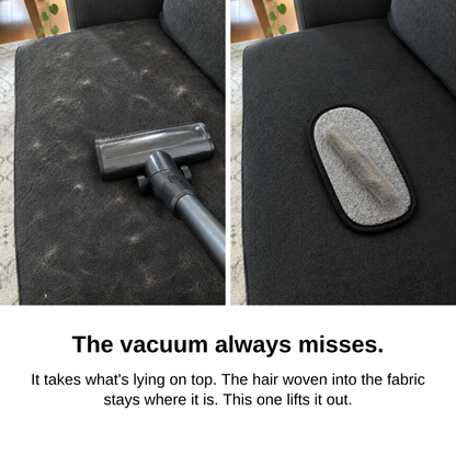 The vacuum always misses: couch cushion before and after the pet hair glove