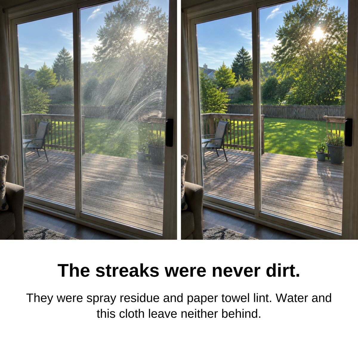 Patio door before and after: streaks and lint in the sun, then clear glass