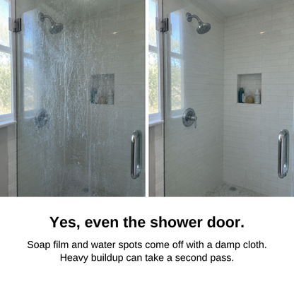 Glass shower door before and after: water spots and soap film, then clear glass