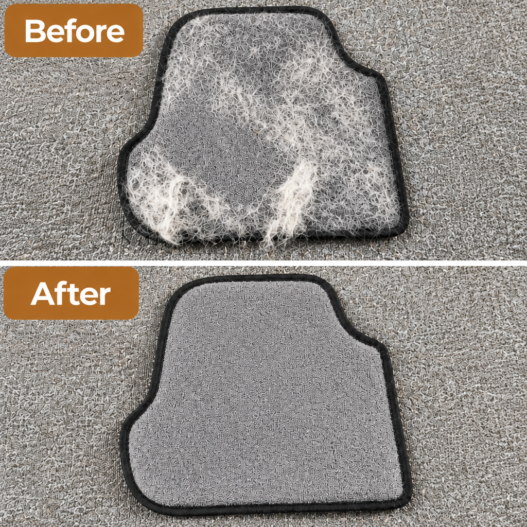 Before and after removing pet hair with the glove