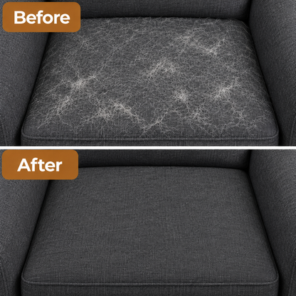 Fabric couch before and after removing pet hair