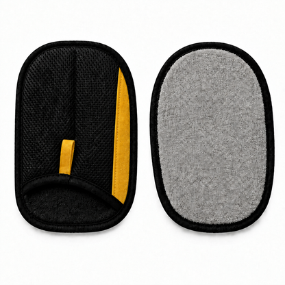 Pet hair remover glove shown from both sides on a white background