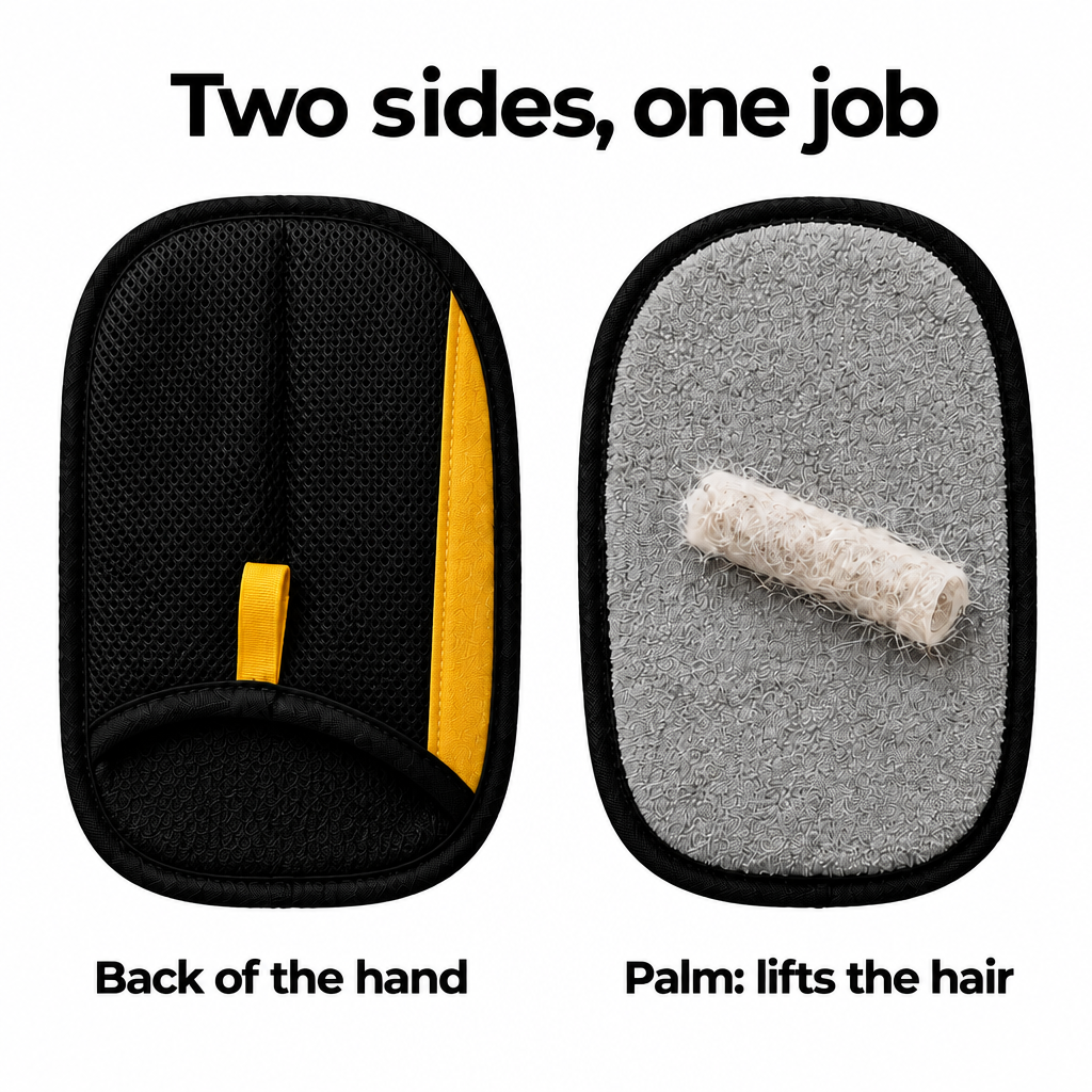 The two sides of the pet hair remover glove: back of the hand and palm