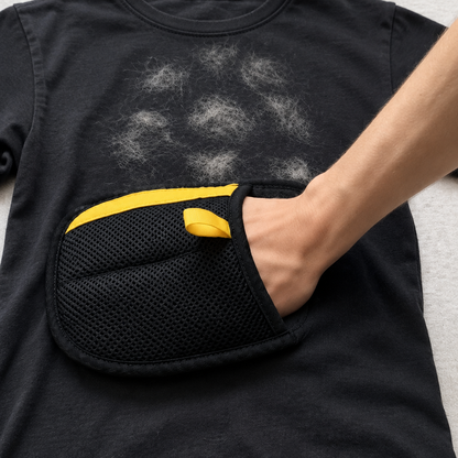 Hand wearing the pet hair remover glove on a black t-shirt covered in pet hair