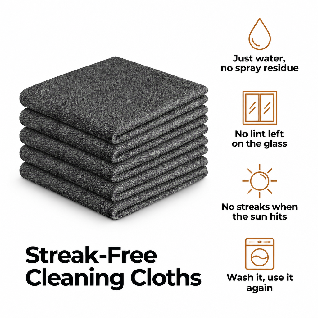 Streak-Free Cleaning Cloths: a stack of five dark grey microfiber cloths with four benefits