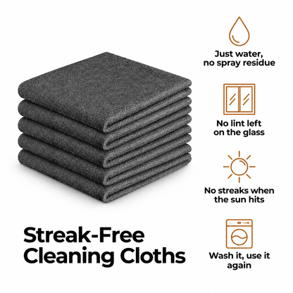 Streak-Free Cleaning Cloths: a stack of five dark grey microfiber cloths with four benefits