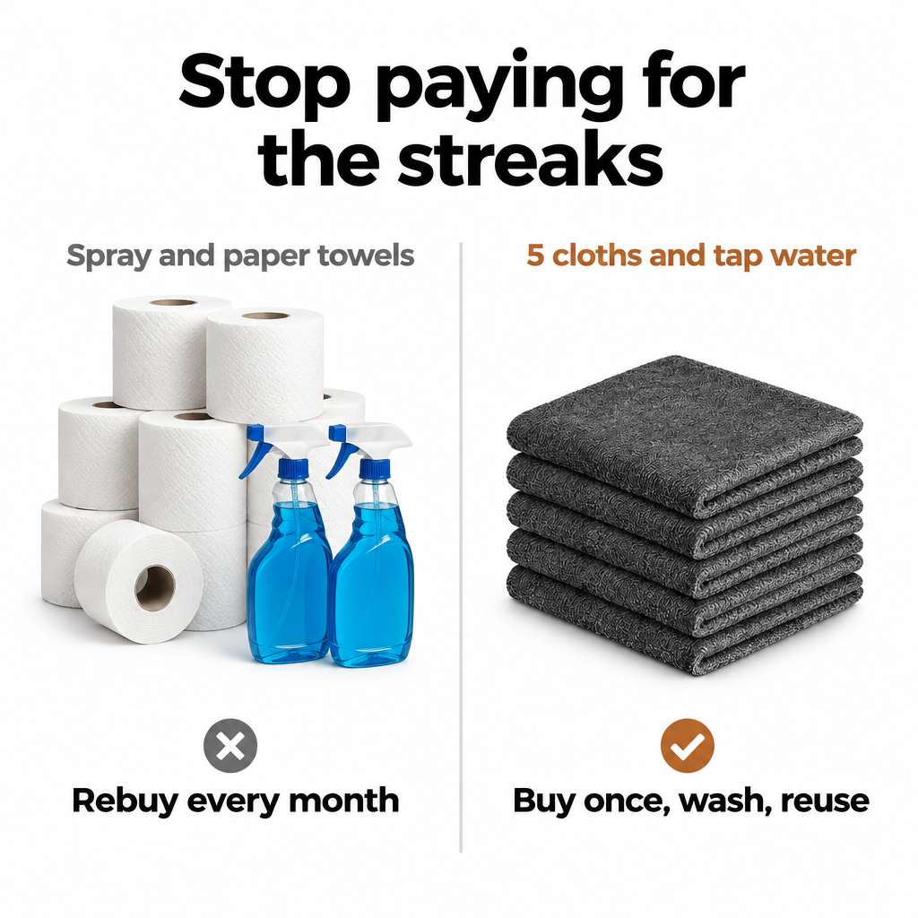 Five reusable cloths and tap water compared with paper towels and sprays rebought every month