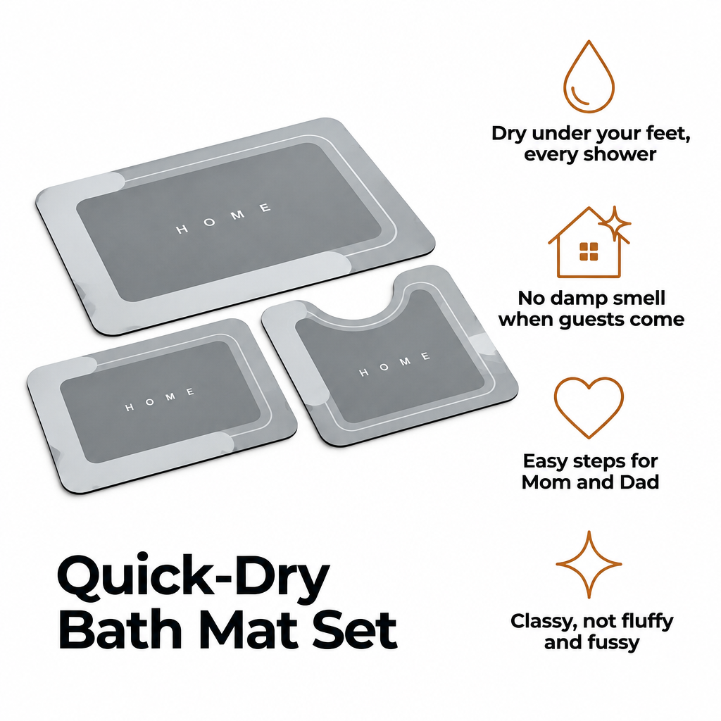Quick-Dry Bath Mat Set: three thin grey mats for the shower, the sink and the toilet