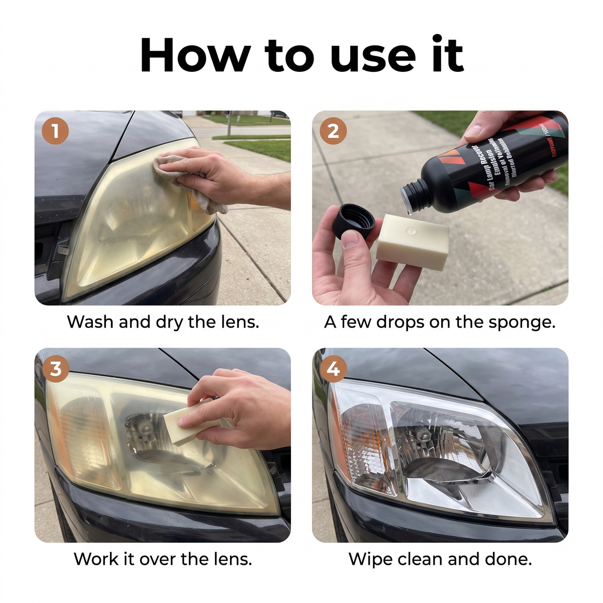 How to use it: wash and dry the lens, a few drops on the sponge, work it over the lens, wipe clean